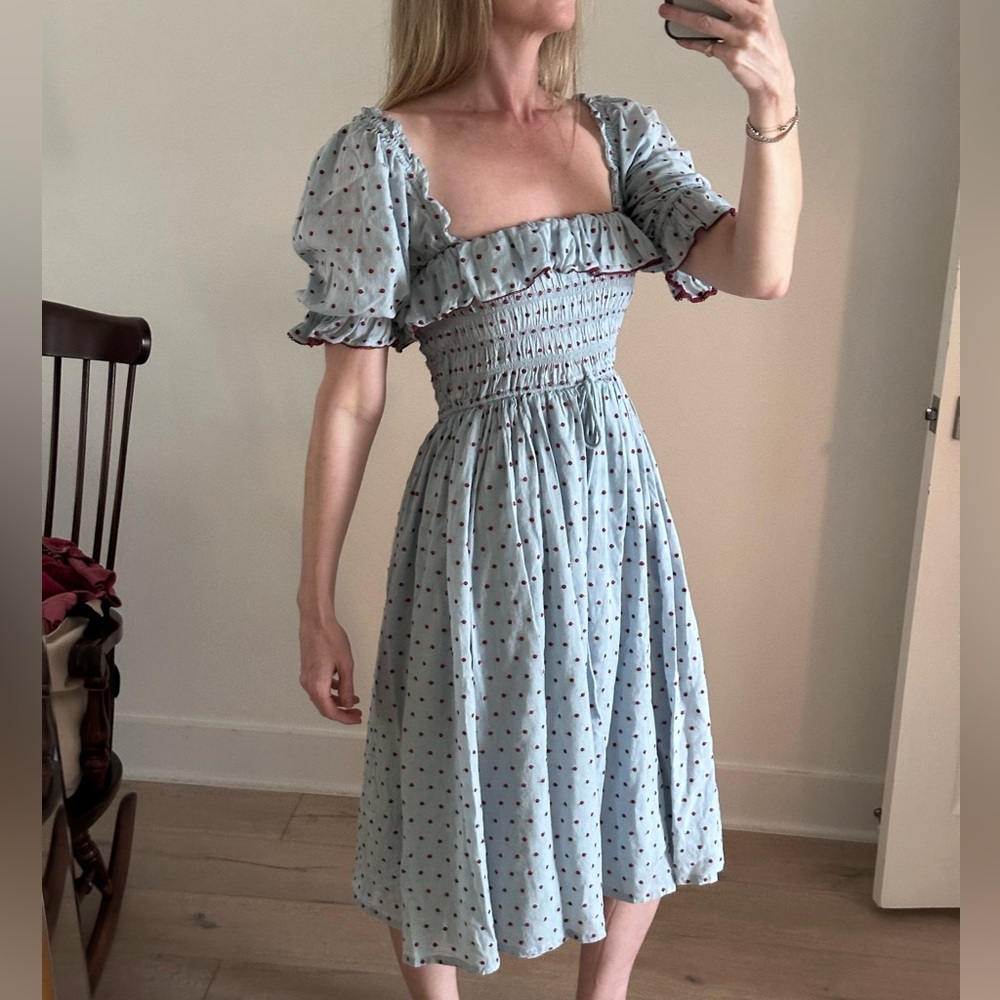 DOEN Sol Dress Blue Red Polka Dot Ruffle Midi Maxi - Picture 7 of 9